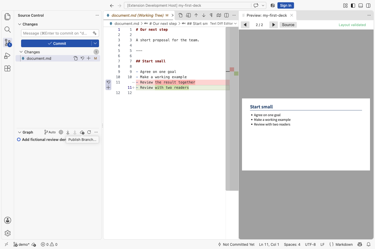 Actual light-theme VS Code showing a one-line Git diff beside the changed page 2