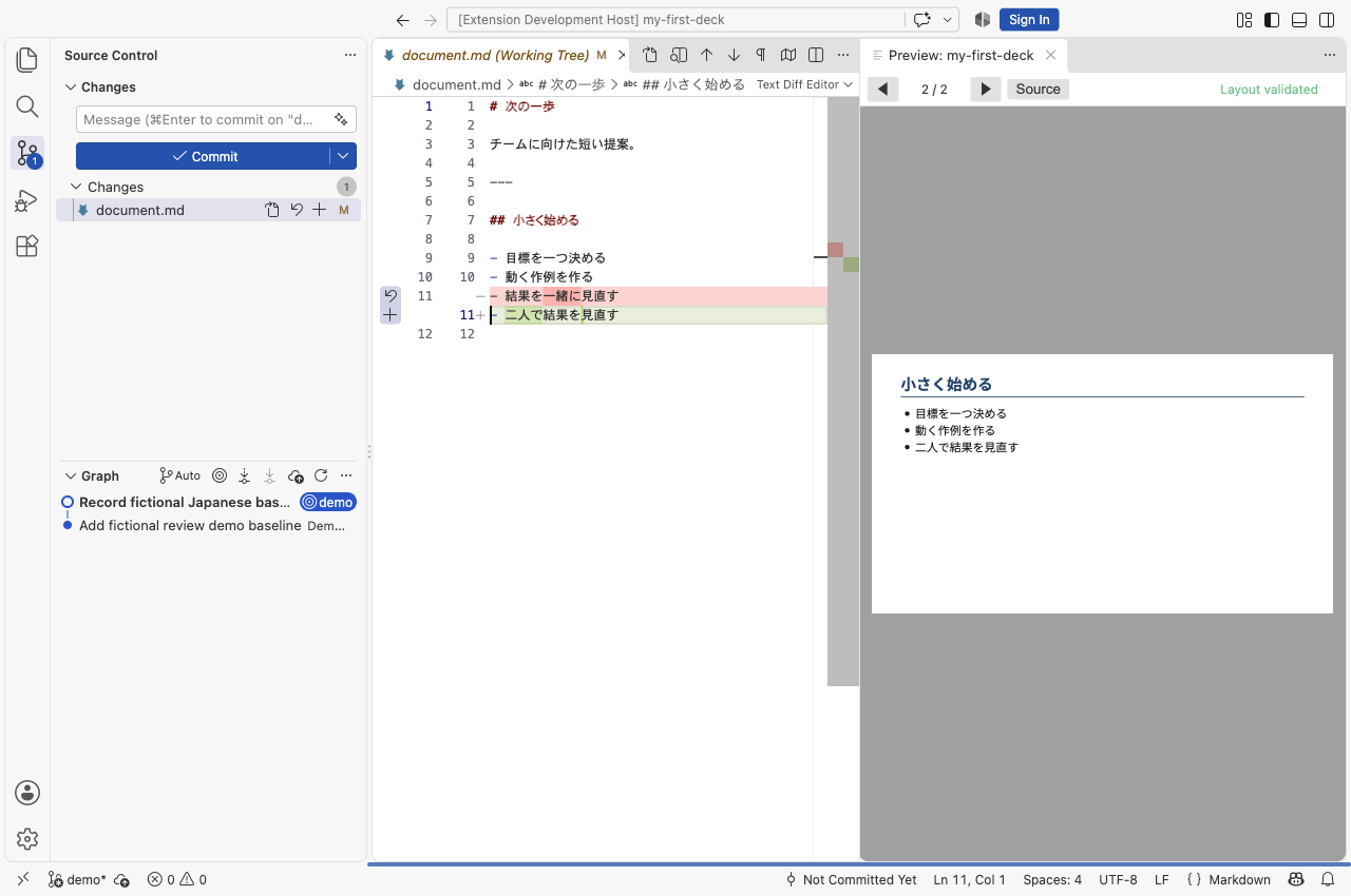 実際のライトテーマのVS Codeで、一行のGit差分と変更後の2ページ目を表示