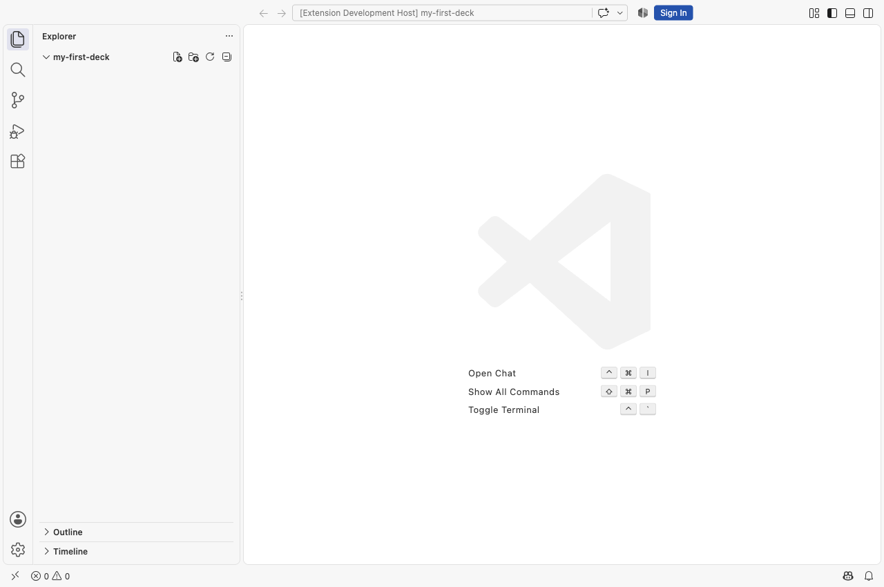 An empty my-first-deck folder open in the real VS Code Explorer