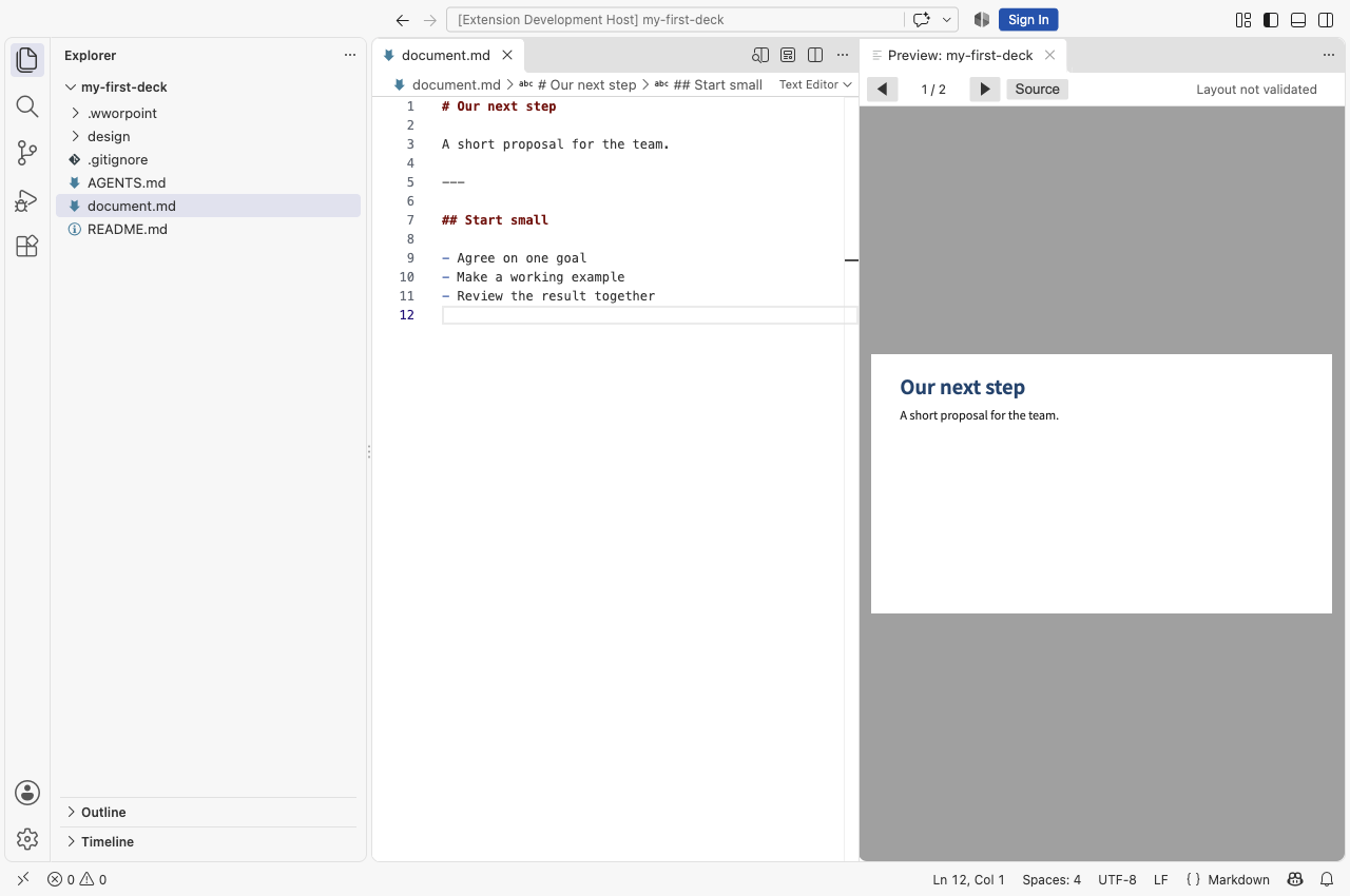The actual two-slide document in the WworPoint preview