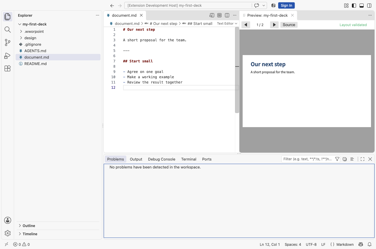 Actual validation completed with no findings in the Problems panel
