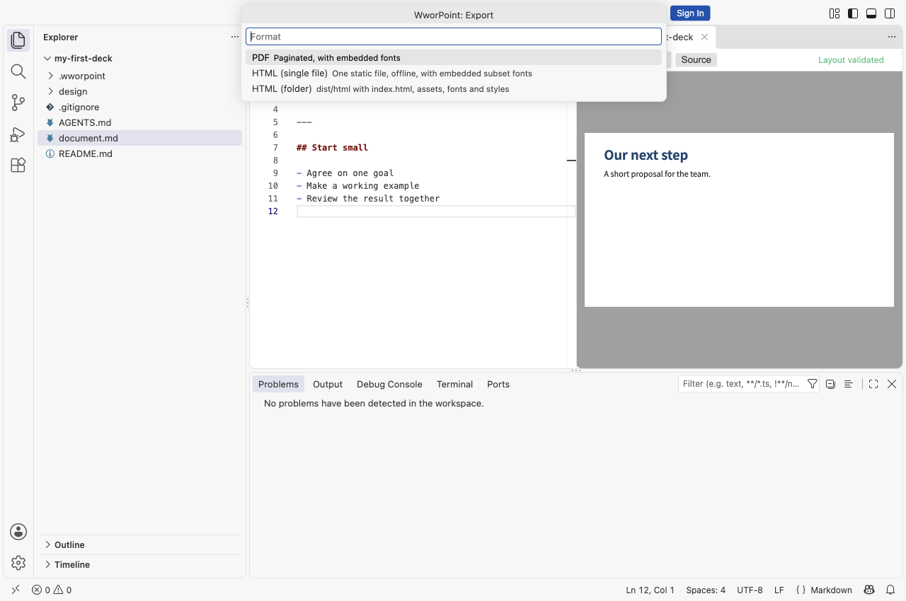 The actual export format picker