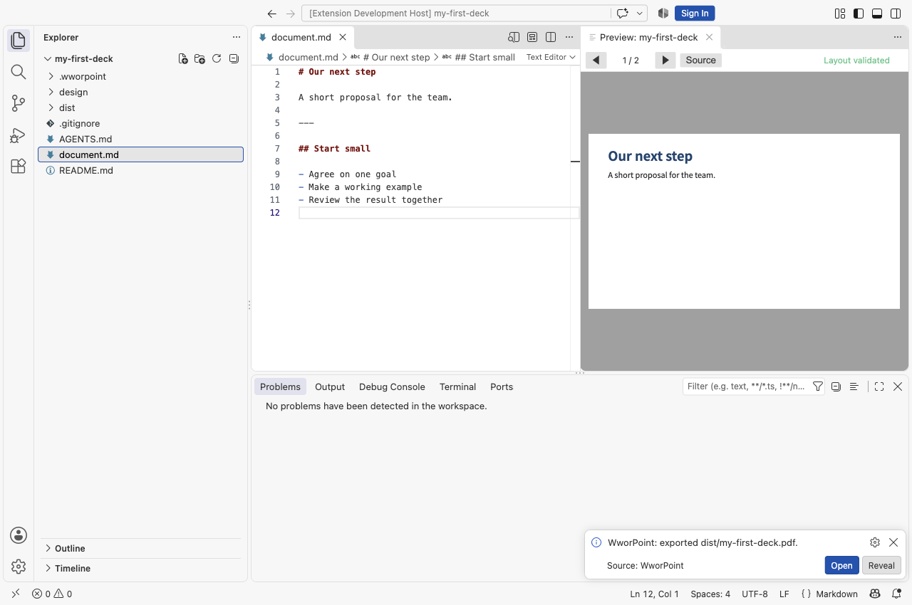 Actual PDF export completion in VS Code