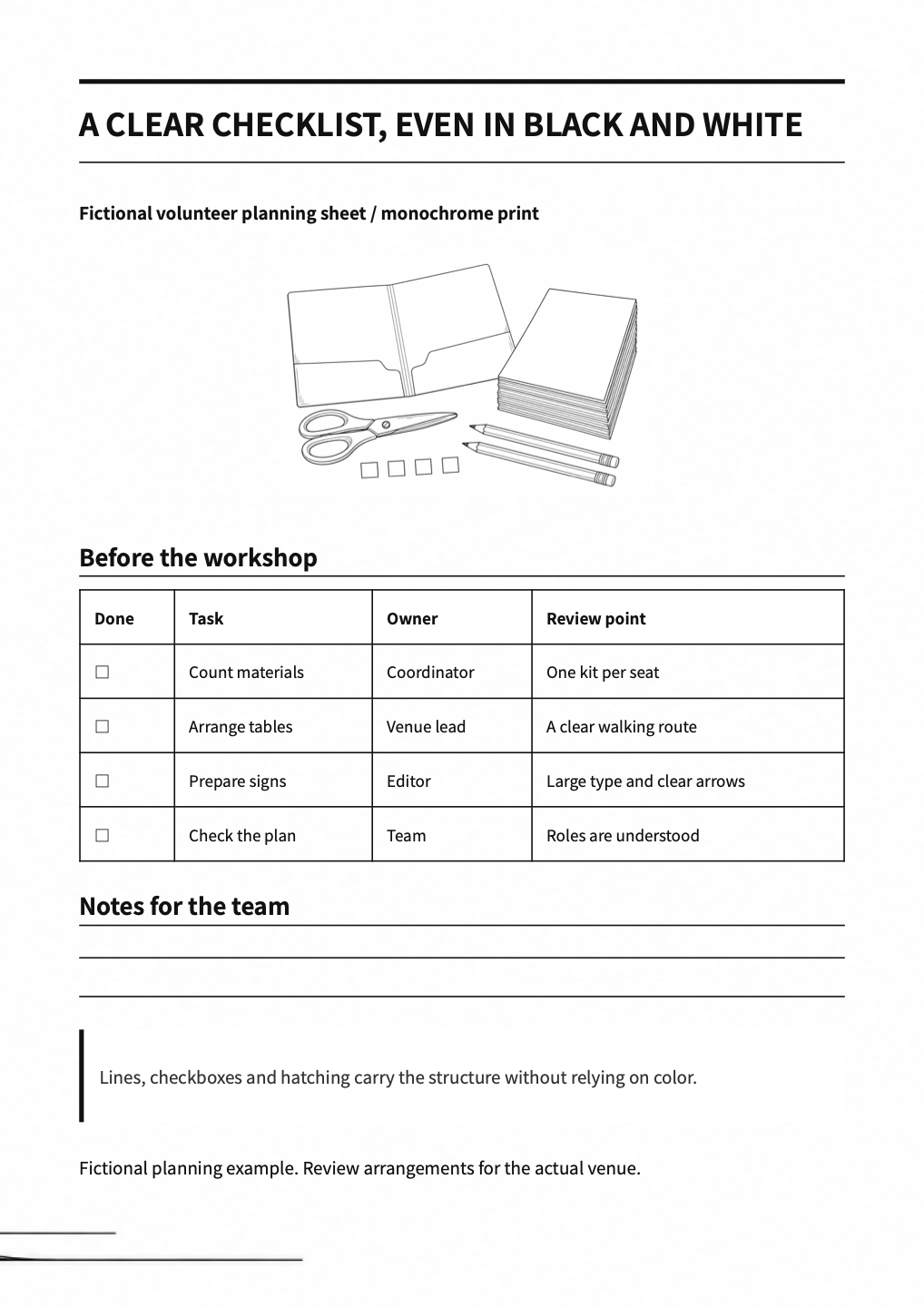 Monochrome print — actual generated A4 document